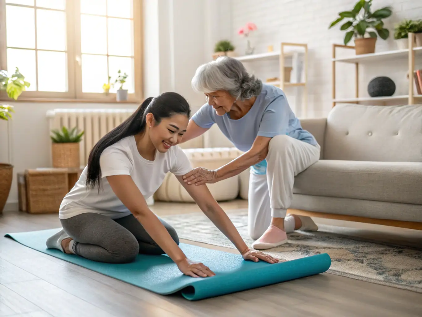 A rehabilitation therapist guiding a patient through spinal stabilization exercises, promoting core strength and proper posture.
