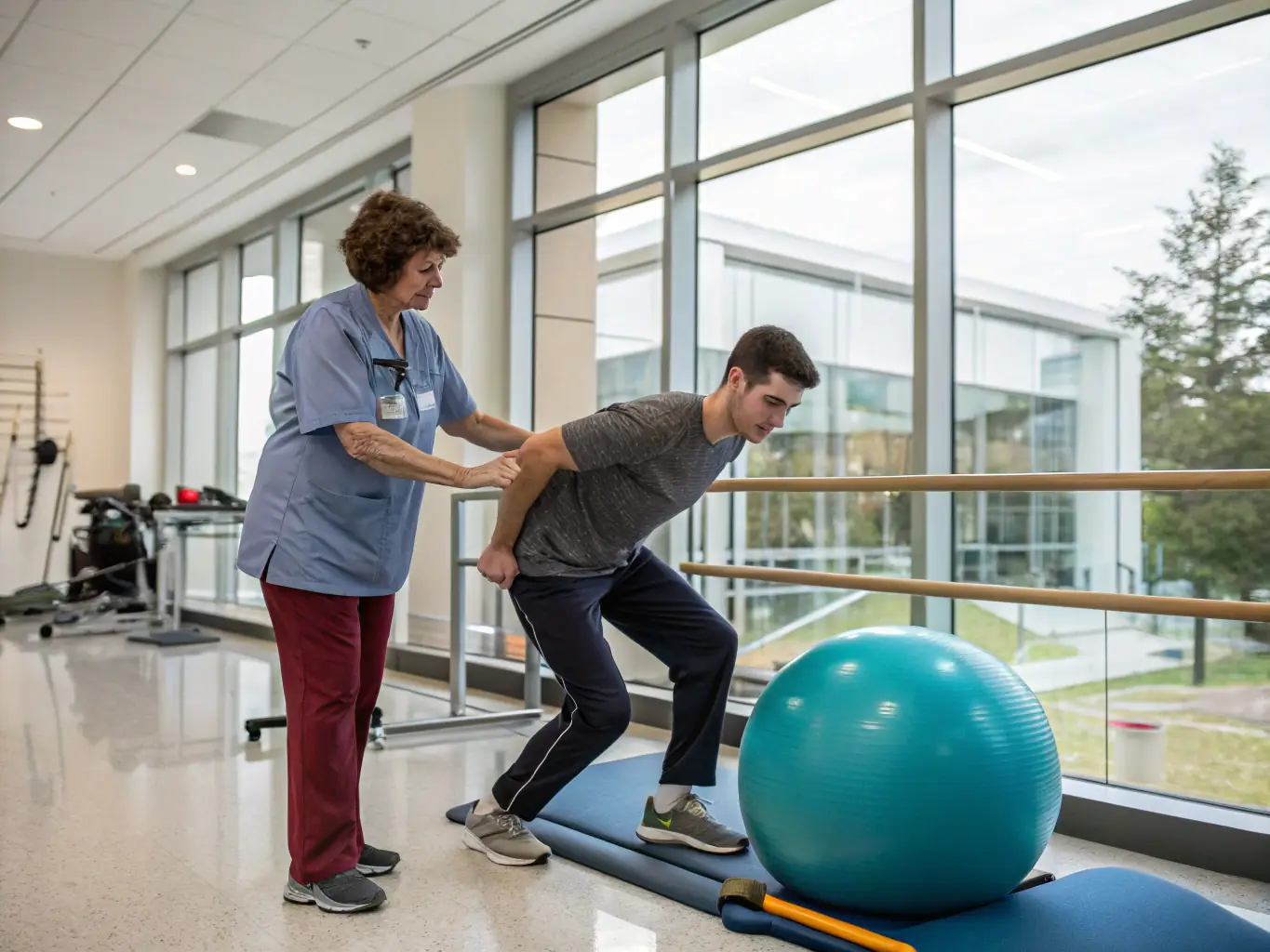 A patient performing knee strengthening exercises under the supervision of a rehabilitation specialist, emphasizing proper form and technique.