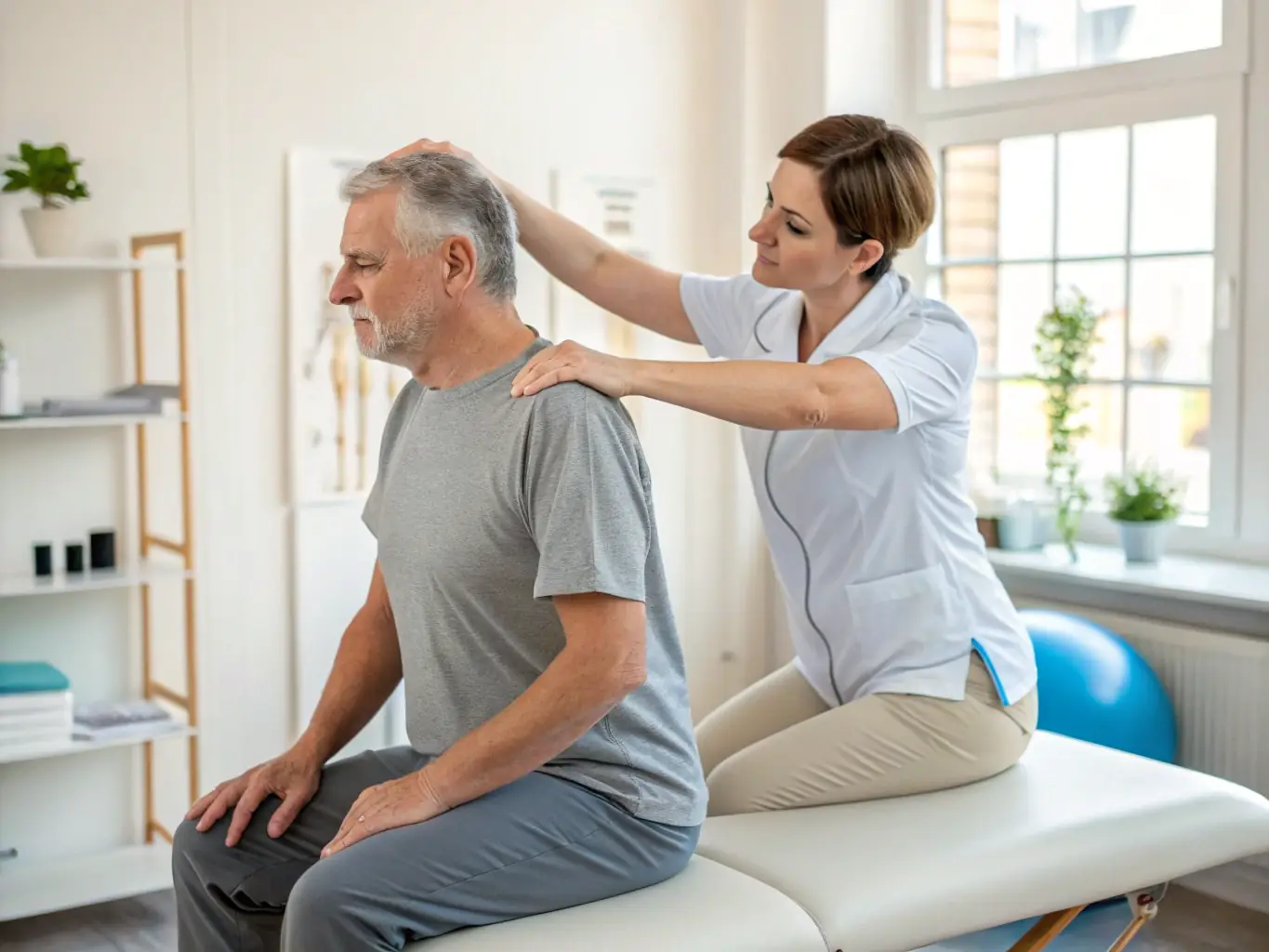 A physiotherapist assisting a patient with shoulder exercises in a modern rehabilitation center, focusing on restoring range of motion and strength.